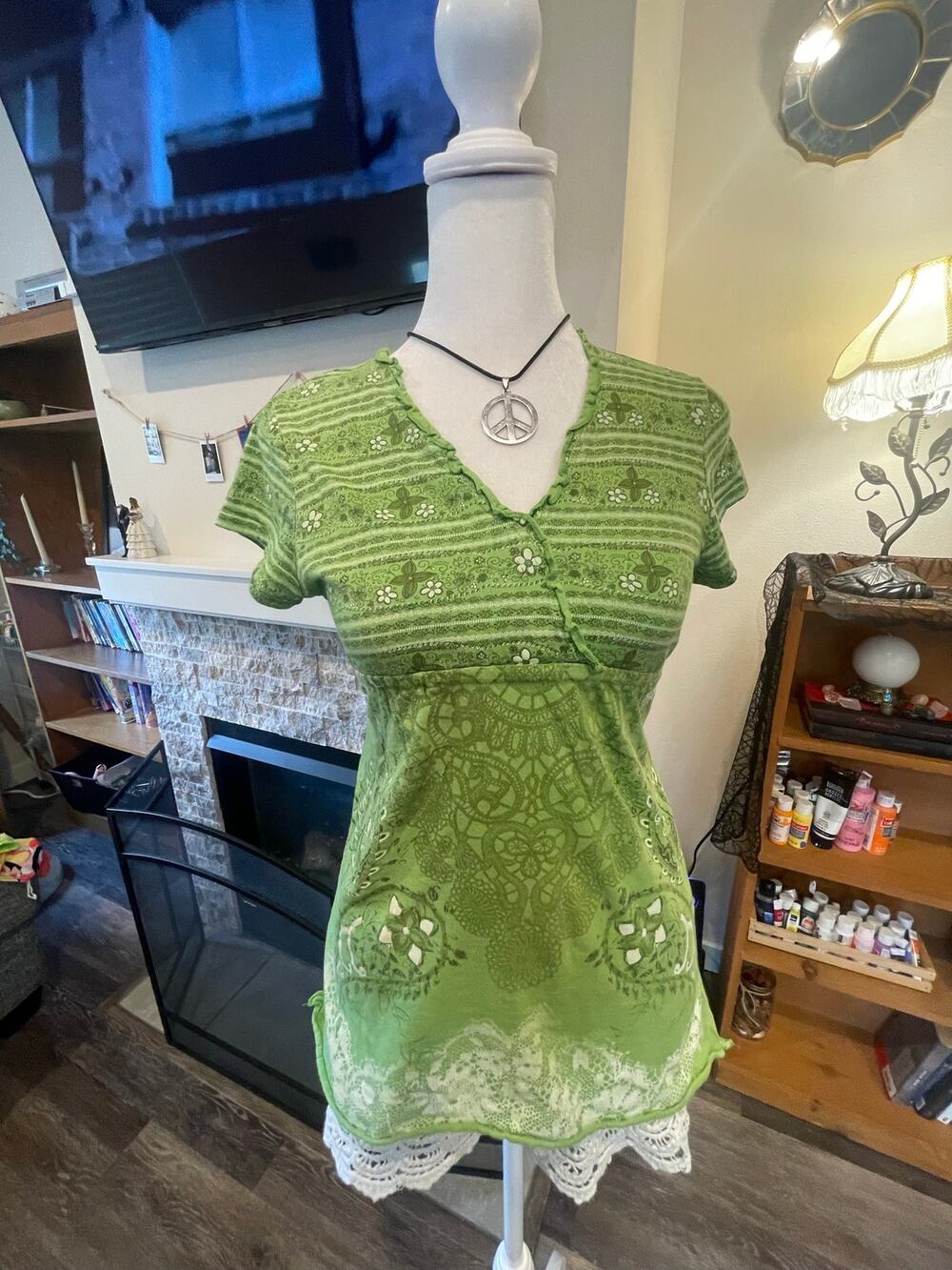 vintage arizona jean company green and white babydoll top